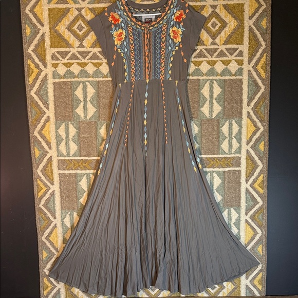 Johnny Was Dresses & Skirts - Johnny Was Gray Maxi Dress with Orange, Yellow & Light Blue Embroidery